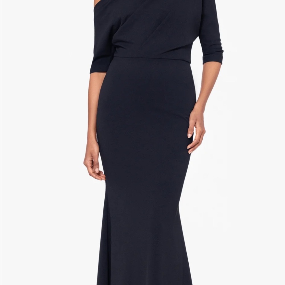 Betsy & Adam Midnight Navy One-Shoulder Fitted Gown